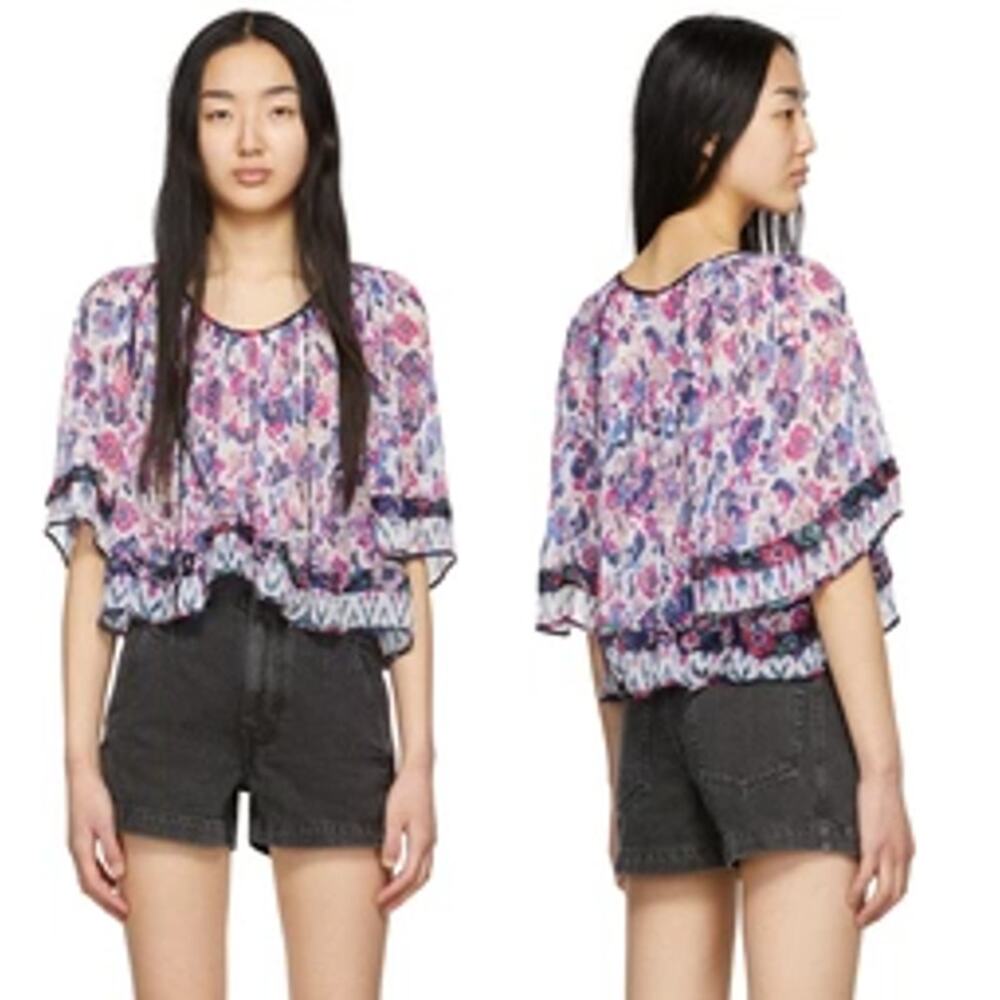 Isabel Marant Étoile Roxini Floral Crop Blouse Womens 42  US 10 Pink Blue White